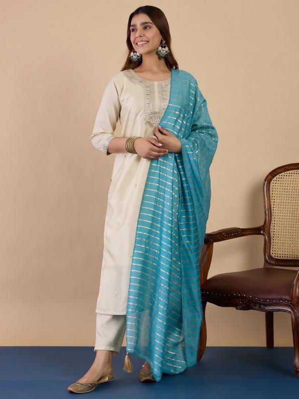 VP 9841 W Women’s Zora Silk Straight Kurta Pant with Chanderi Striped Dupatta 3pc Set